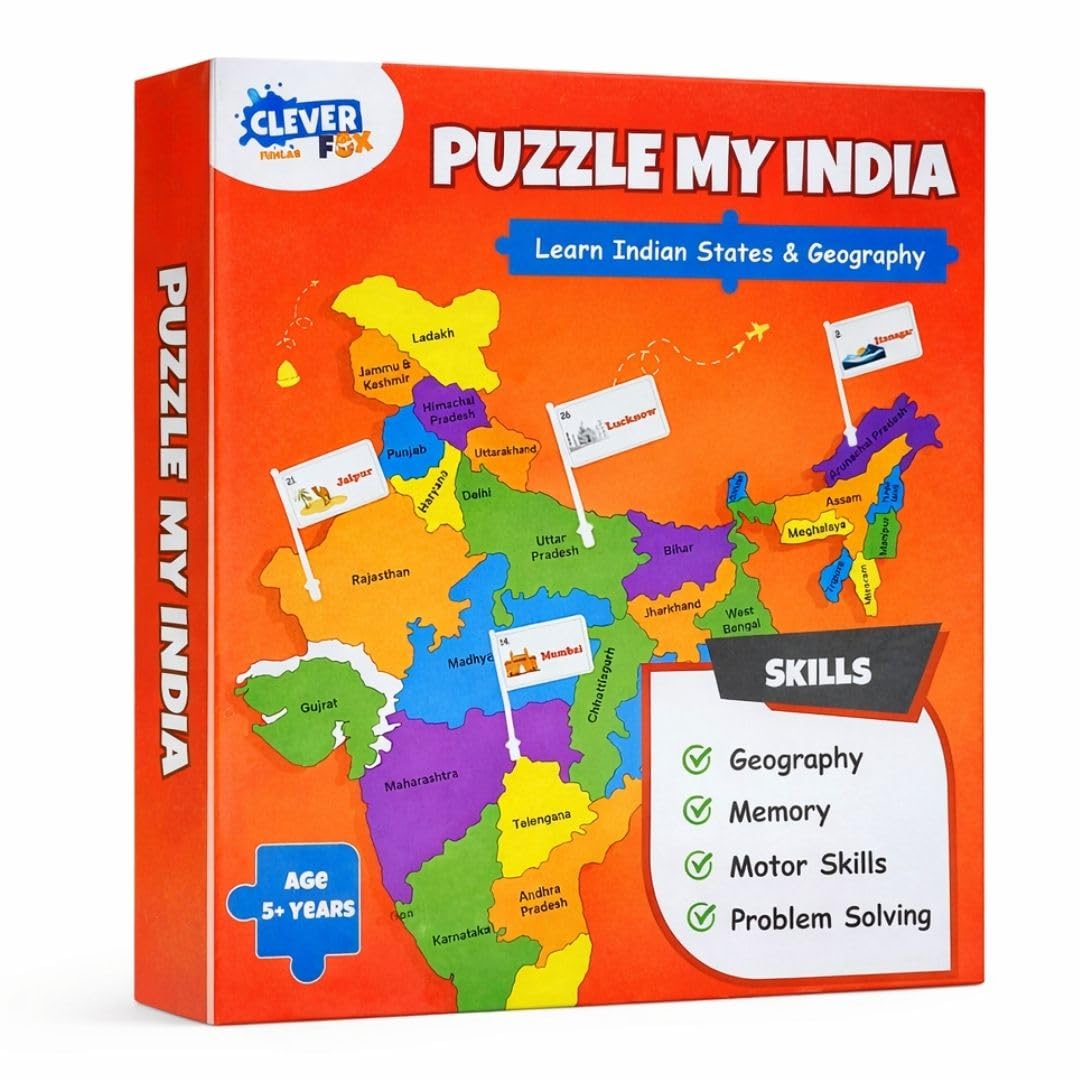 PUZZLE MY INDIA | EDUCATIONAL INDIA MAP PUZZLE TOY | JIGSAW PUZZLE WITH STATE-SHAPED PIECES & MINI FLAGS FOR LEARNING INDIAN STATES & CAPITALS (INDIA MAP - STATES & CAPITALS & FLAGS)
