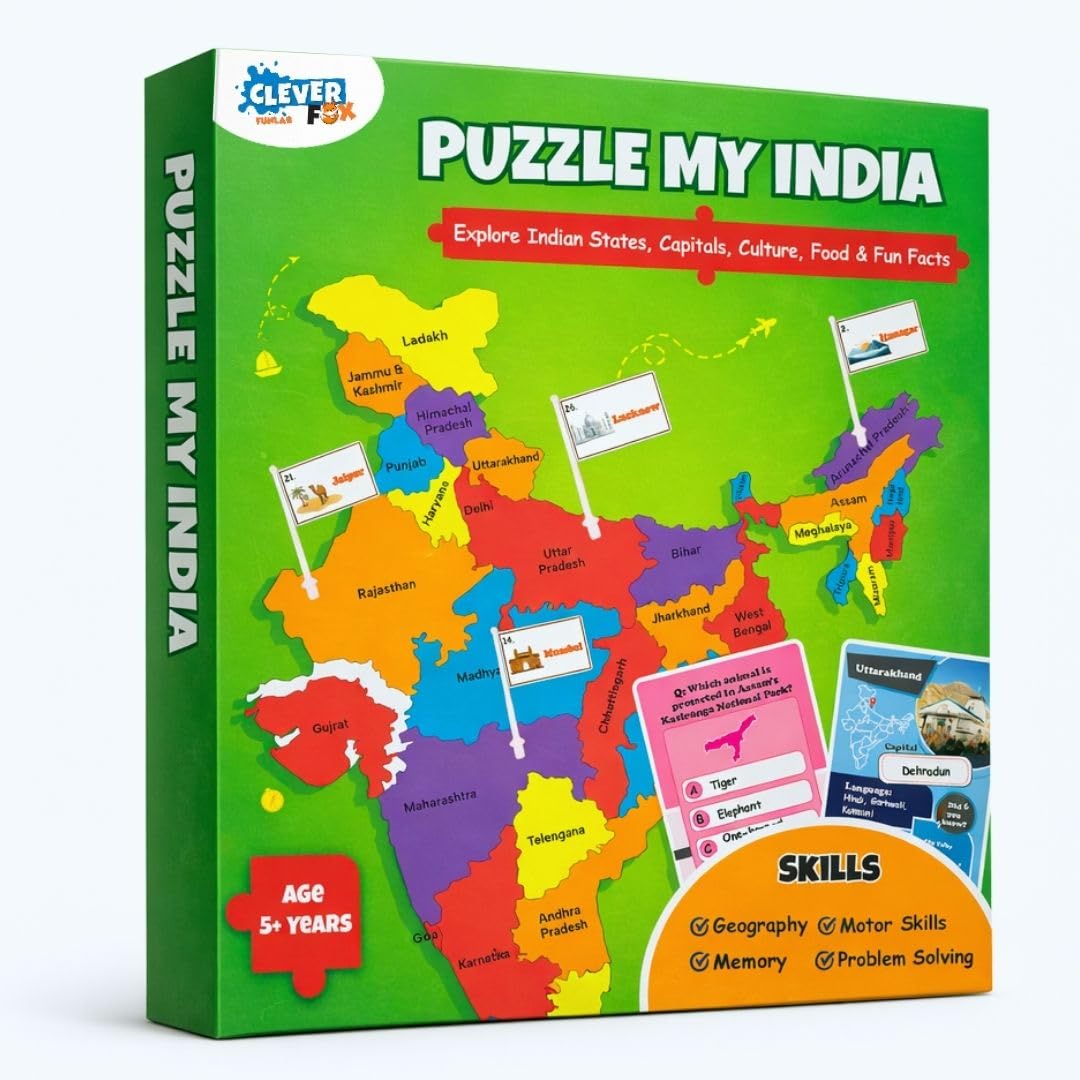 PUZZLE MY INDIA – STATES & CAPITALS EDUCATIONAL MAP PUZZLE FOR KIDS | INDIA JIGSAW WITH STATE-SHAPED PIECES, MINI FLAGS, 28 FLASH CARDS WITH FACTS & Q&A (AGE 5+) | CLEVER FOX FUNLAB