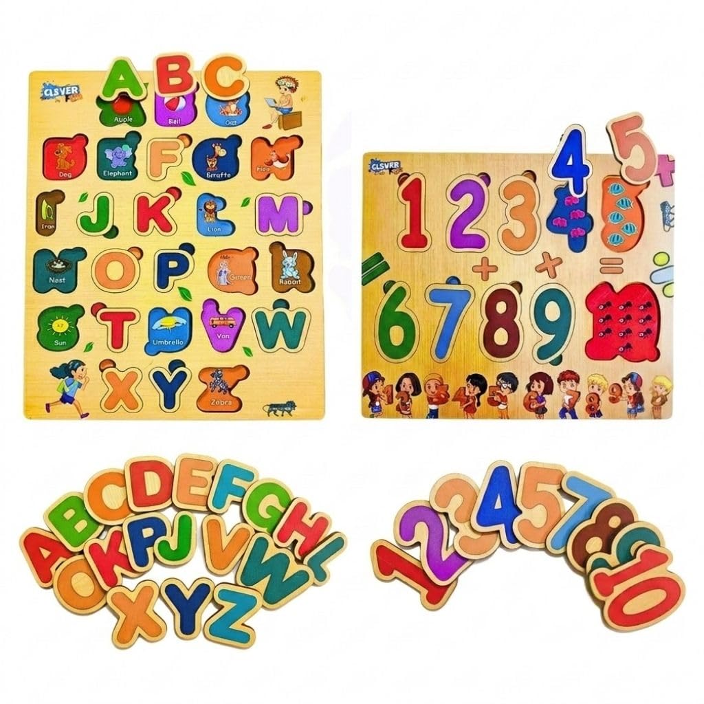 CLEVER FOX FUNLAB 2-IN-1 WOODEN ALPHABET & NUMBERS PUZZLE SET WITH INTERACTIVE PHONICS SOUND GUIDE - MONTESSORI ABC & 123 BOARD FOR TODDLERS AGE 2-4 - PEG-FREE PRESCHOOL LEARNING ACTIVITY