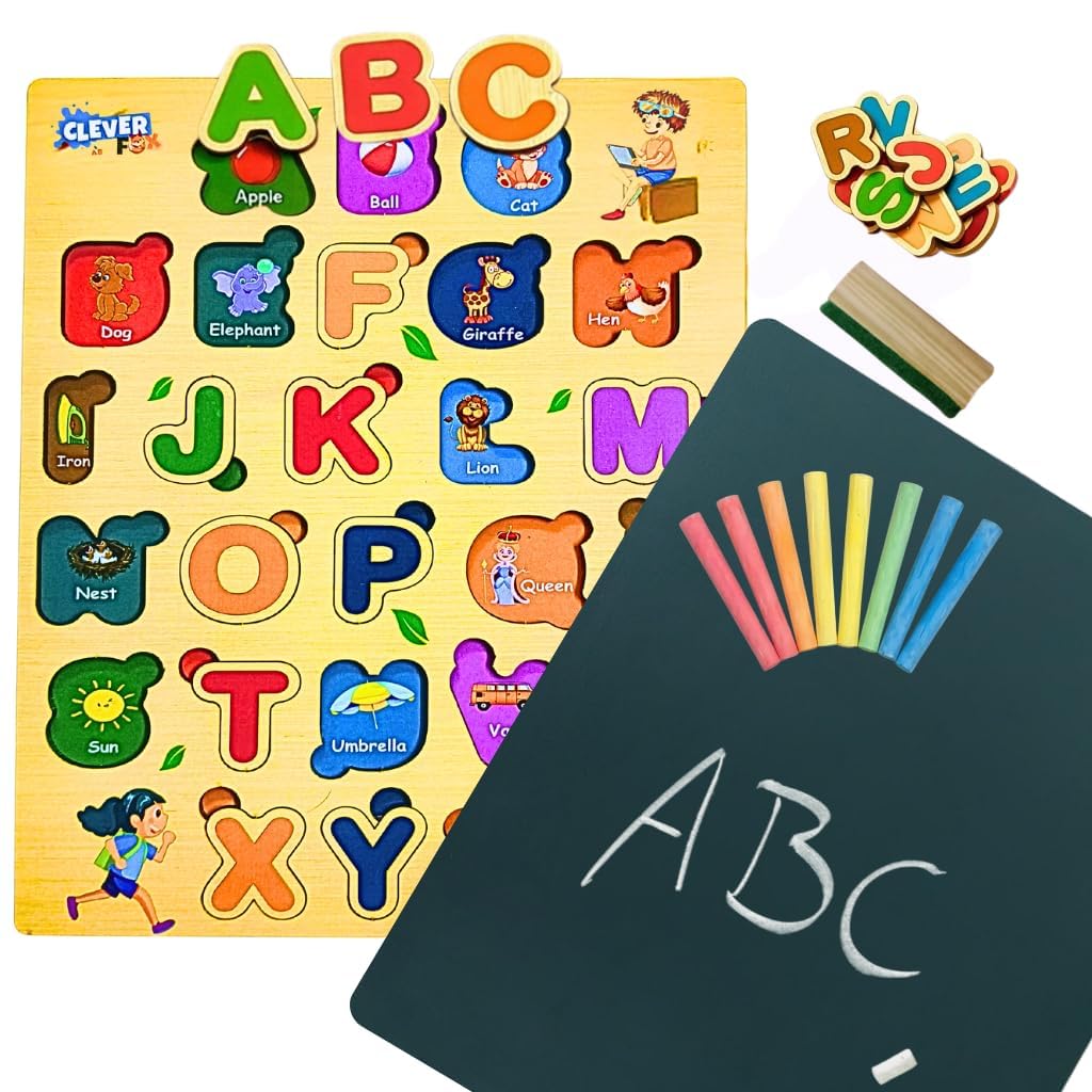 CLEVER FOX 2-IN-1 WOOD ABC PUZZLE & CHALKBOARD WITH PHONICS GUIDE - MONTESSORI ALPHABET LETTER TOY FOR TODDLERS 2-5 - EDUCATIONAL LEARNING KIT WITH 12 CHALKS & DUSTER