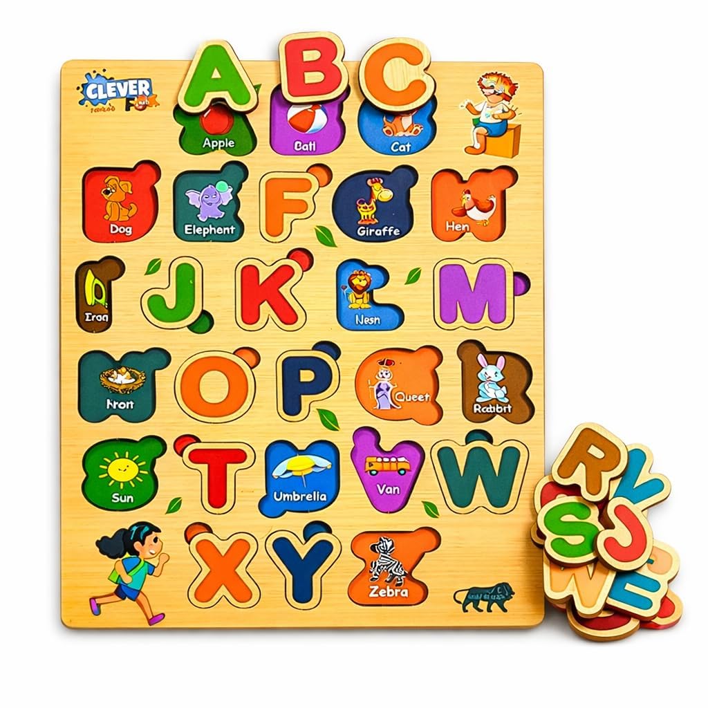 CLEVER FOX FUNLAB WOODEN ALPHABET PUZZLE WITH INTERACTIVE PHONICS SOUND GUIDE - MONTESSORI ABC LETTER RECOGNITION TOY - EDUCATIONAL WOOD BOARD FOR TODDLERS AGE 2-5 - PRESCHOOL LEARNING WOODEN TOY
