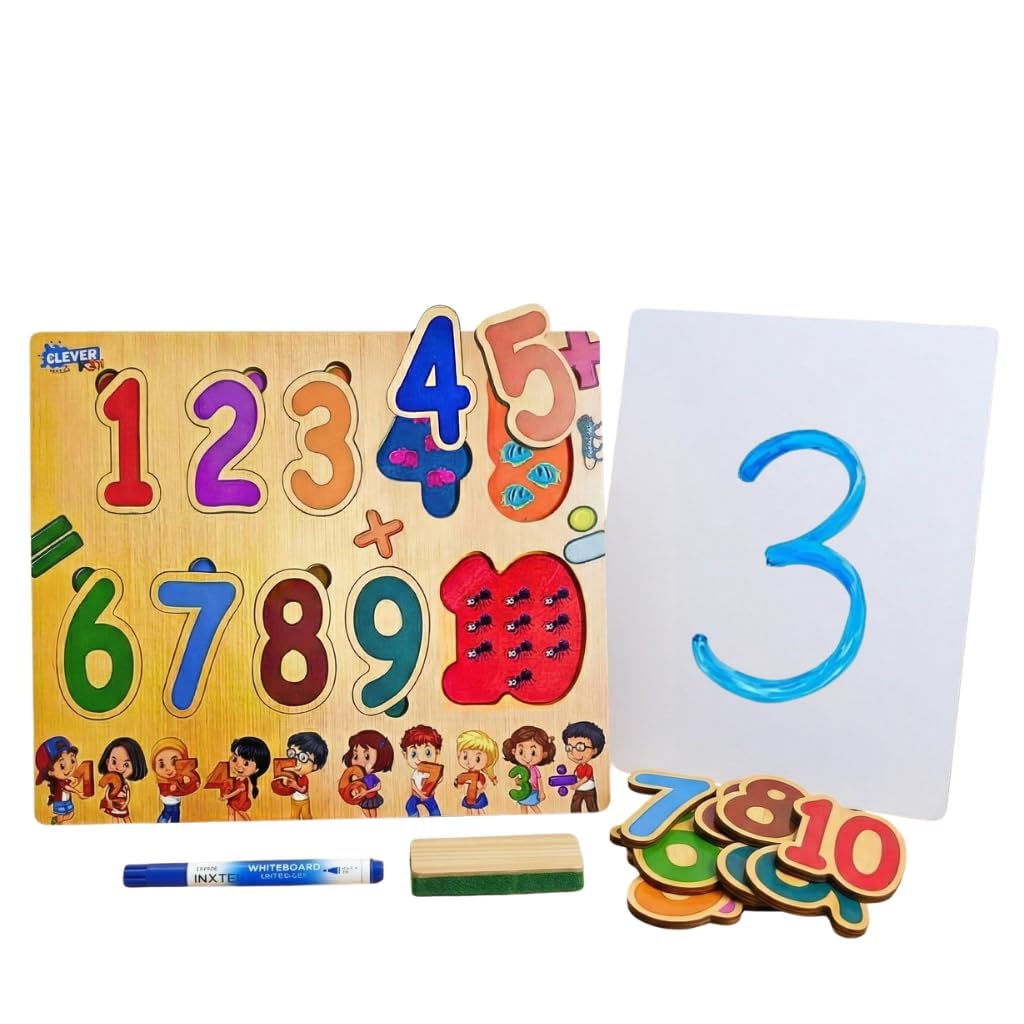 CLEVER FOX 3-IN-1 WOODEN NUMBER PUZZLE & CHALKBOARD WITH PHONICS GUIDE - MONTESSORI MATH TOY AND BUILT-IN WHITEBOARD SET FOR TODDLERS AGE 3+ - LEARN TO WRITE ACTIVITY WITH MARKER & DUSTER