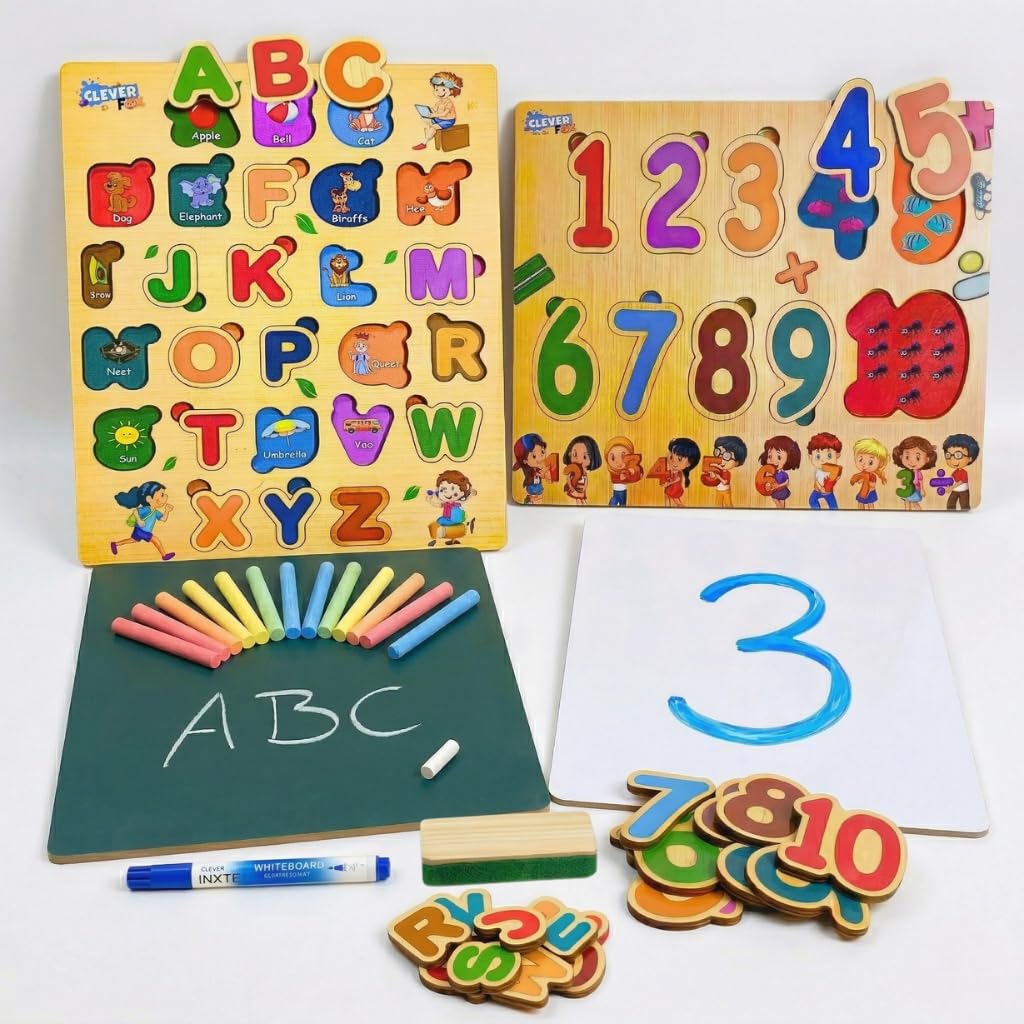 CLEVER FOX FUNLAB 2-IN-1 WOODEN ALPHABET & NUMBER PUZZLE SET WITH INTERACTIVE PHONICS – MONTESSORI ABC & 123 BOARD WITH DOUBLE-SIDED CHALKBOARD & WHITEBOARD, MARKER, CHALK – LEARNING TOY AGE 3-5