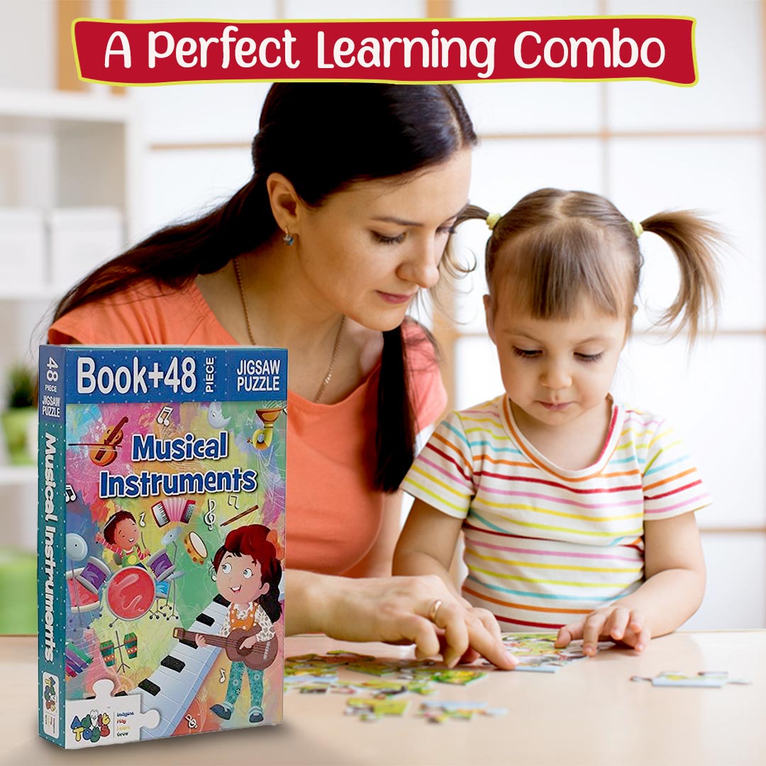 Advit Toys Musical Instruments Jigsaw Puzzle for Kids Brain Washed to Set This Puzzle/Encouraged Your Kids | Birthday Gift for Children, Return Gift |  Educational Puzzle Games for Focus, Memory, Mental Boost- (48 Piece + 24 Page Book)