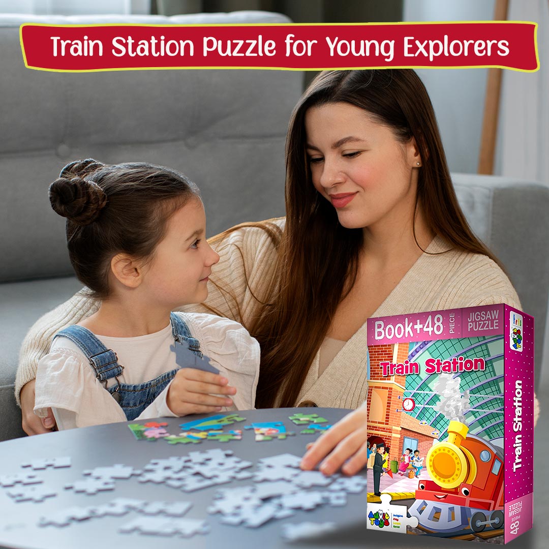 Advit Toys Train Station Jigsaw Puzzle for Kids | Educational & Construction Activity Game for Kids | Birthday Gift for Children, Return Gift  - (48 Piece + 24 Page Book)