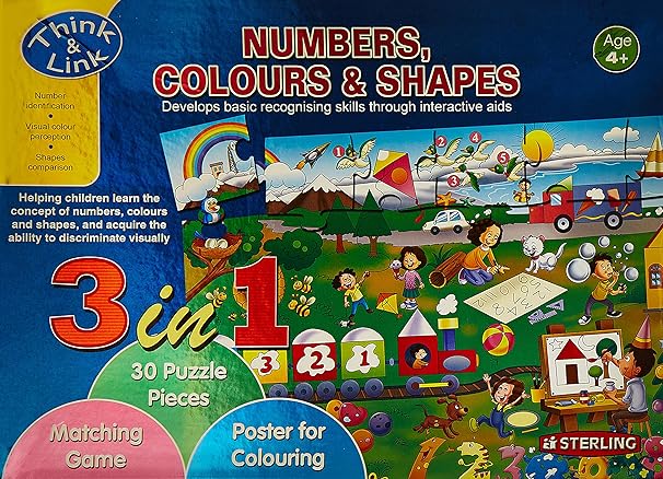 NUMBERS, COLOURS & SHAPES : DEVELOPS BASIC RECOGNISING SKILLS THROUGH INTERTACTIVE AIDS: 3 IN 1 : AGE 4+ (30 PCS)