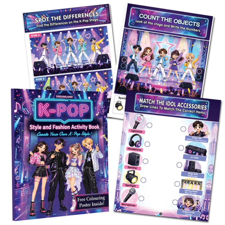 K- POP STYLE AND FASHION ACTIVITY BOOK FOR KIDS AGE 8 TO12 YEARS- DESIGN TRENDY OUTFITS, CREATE IDOL LOOKS, COLOR FASHION PAGES, SOLVE PUZZLES & HAVE FUN!