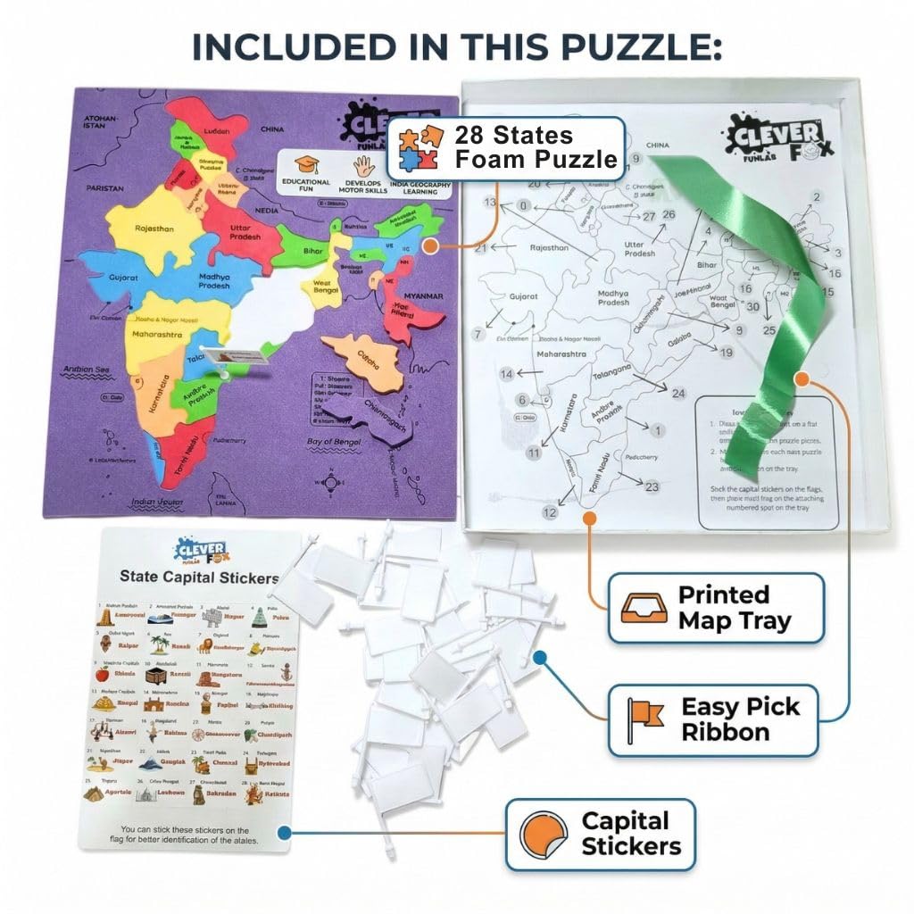 PUZZLE MY INDIA | EDUCATIONAL INDIA MAP PUZZLE TOY | JIGSAW PUZZLE WITH STATE-SHAPED PIECES & MINI FLAGS FOR LEARNING INDIAN STATES & CAPITALS (INDIA MAP - STATES & CAPITALS & FLAGS)