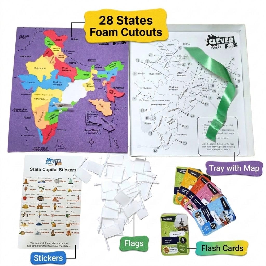 Puzzle My India – States & Capitals Educational Map Puzzle for Kids | India Jigsaw with State-Shaped Pieces, Mini Flags, 28 Flash Cards with Facts & Q&A (Age 5+) | Clever Fox Funlab
