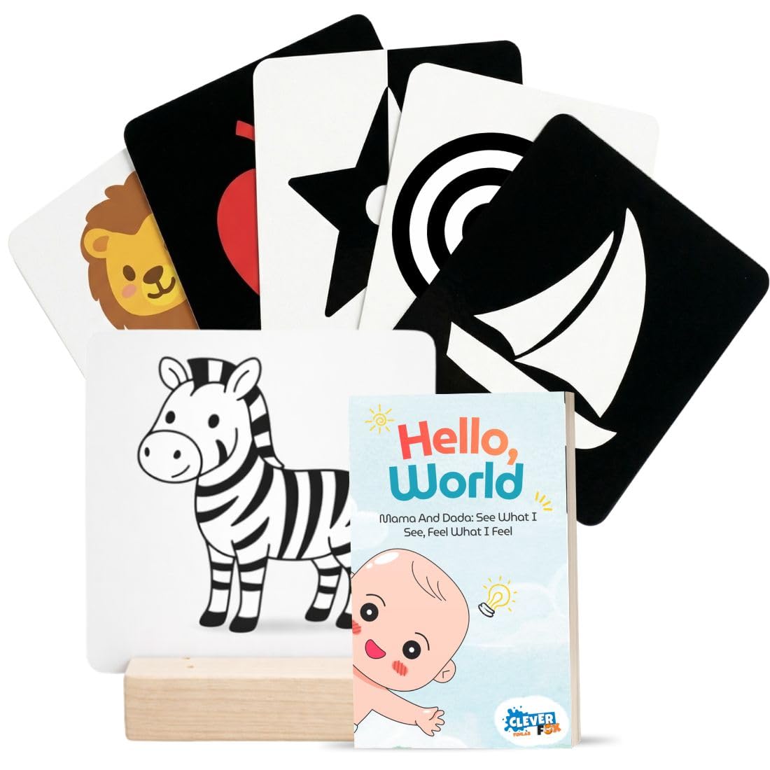 Clever Fox 3-Stage Baby Flash Cards with Wood Stand | 32 High Contrast B&W to Full Color Sensory Objects | 12-Page Parenting Guide & Manual | Montessori Tummy Time Newborn Toys | 0-18 Months Age Range