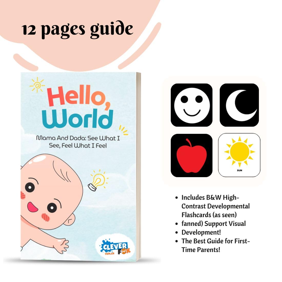 Clever Fox 3-Stage Baby Flash Cards with Wood Stand | 32 High Contrast B&W to Full Color Sensory Objects | 12-Page Parenting Guide & Manual | Montessori Tummy Time Newborn Toys | 0-18 Months Age Range