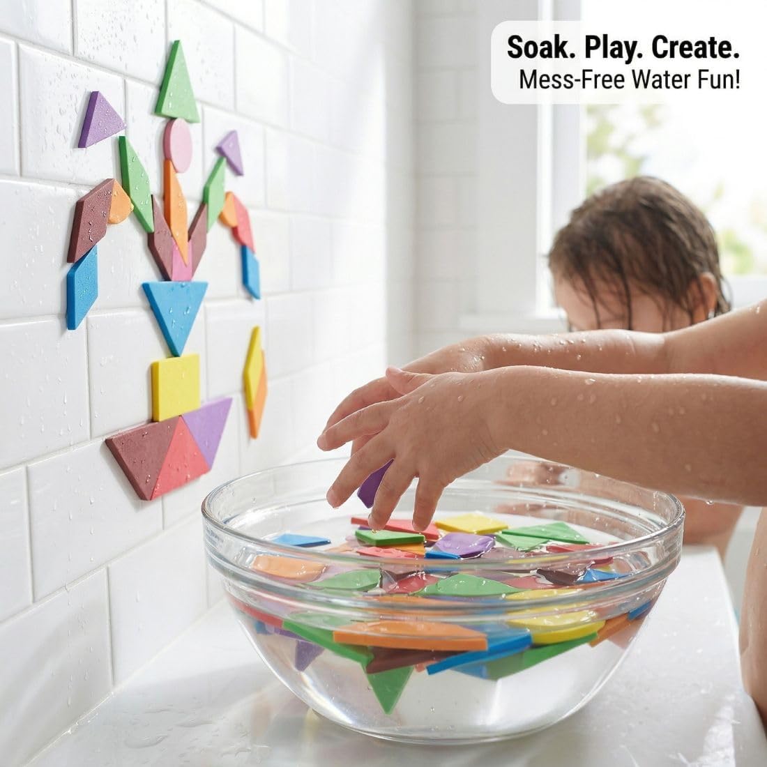 Clever Fox Funlab Water Sticking EVA Foam Tangram Shapes for Kids, 50+ Multicolour Geometric Pieces, Mess-Free Bath Toy & Creative Wall Art