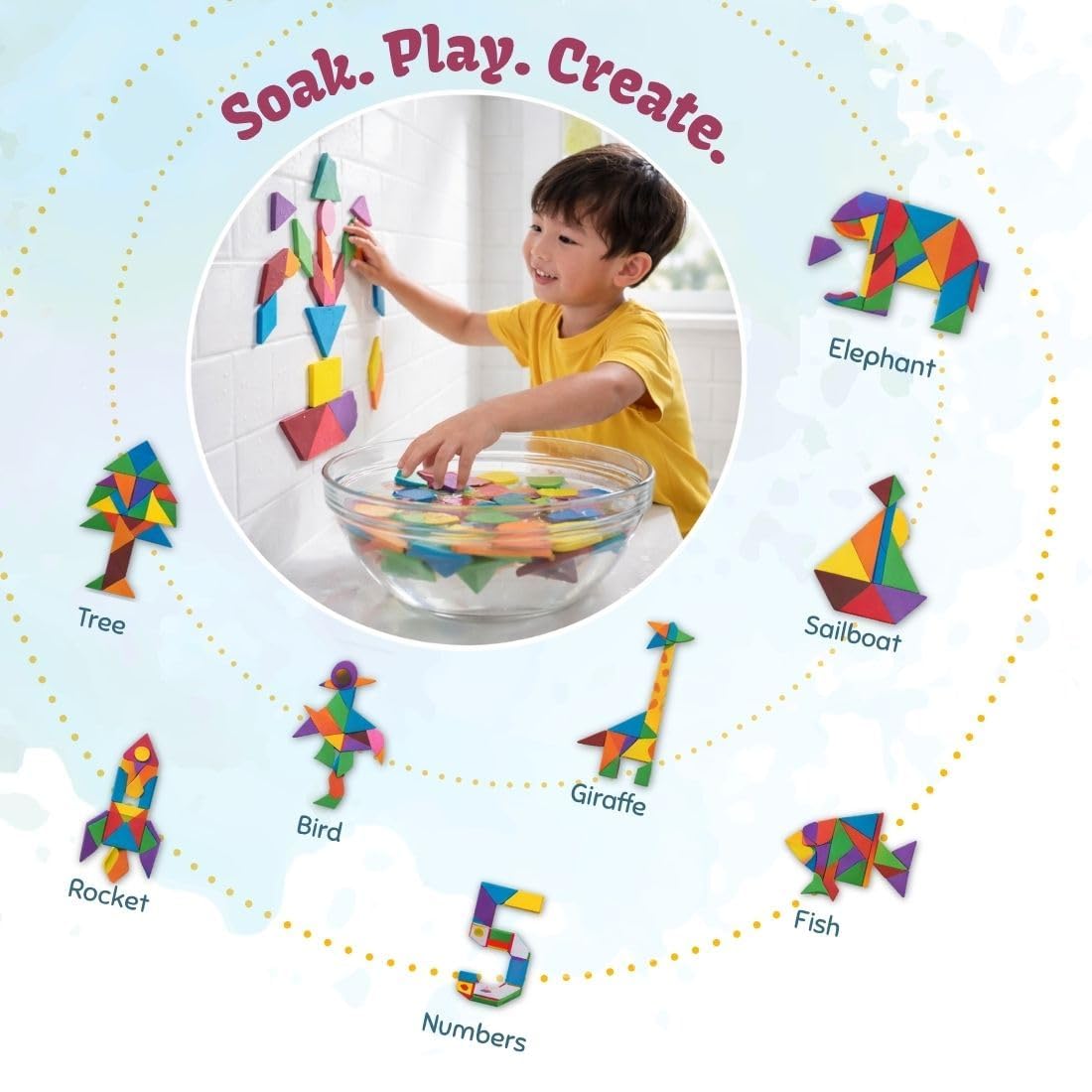 CLEVER FOX FUNLAB WATER STICKING EVA FOAM TANGRAM SHAPES FOR KIDS, 50+ MULTICOLOUR GEOMETRIC PIECES, MESS-FREE BATH TOY & CREATIVE WALL ART